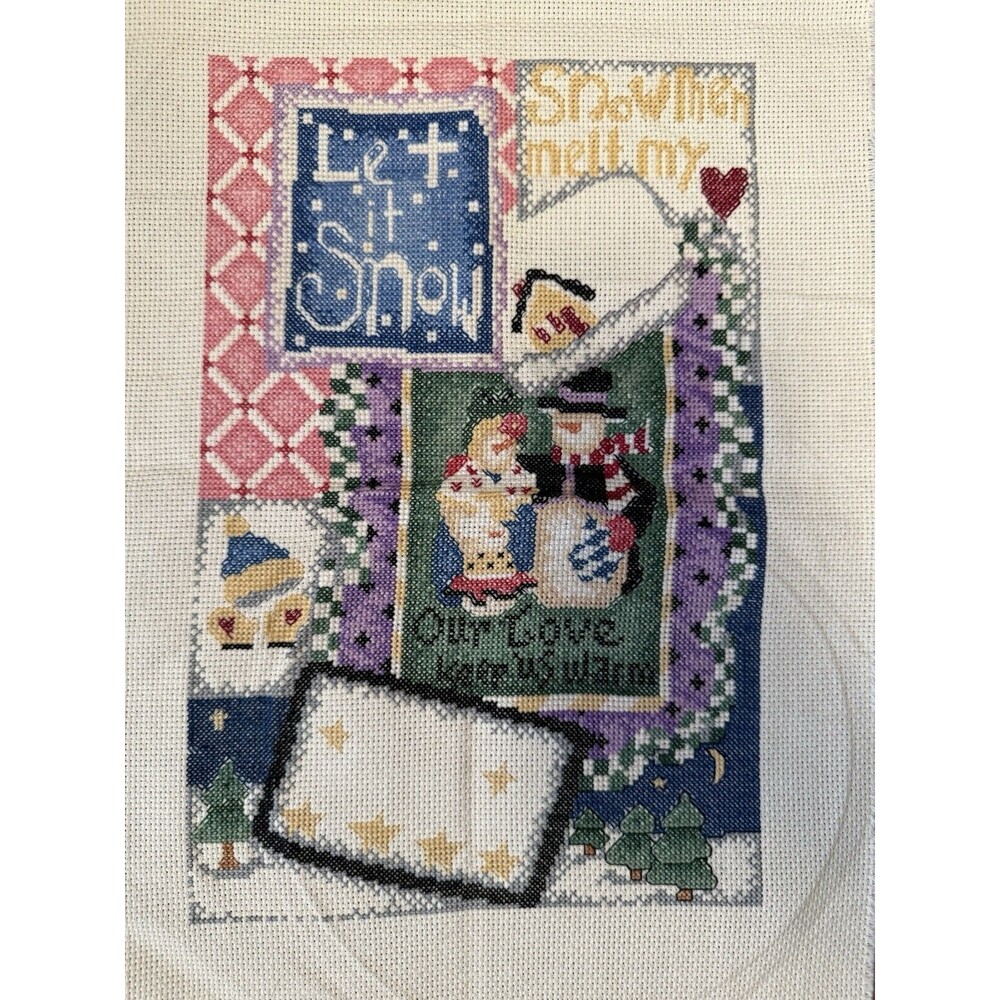 completed cross-stitch "Snow Folks at Home" Jeanette Crews‎ Designs 11"x16"